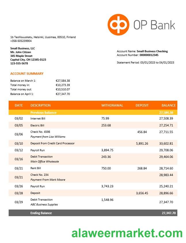 OP Bank company account statement Word and PDF template